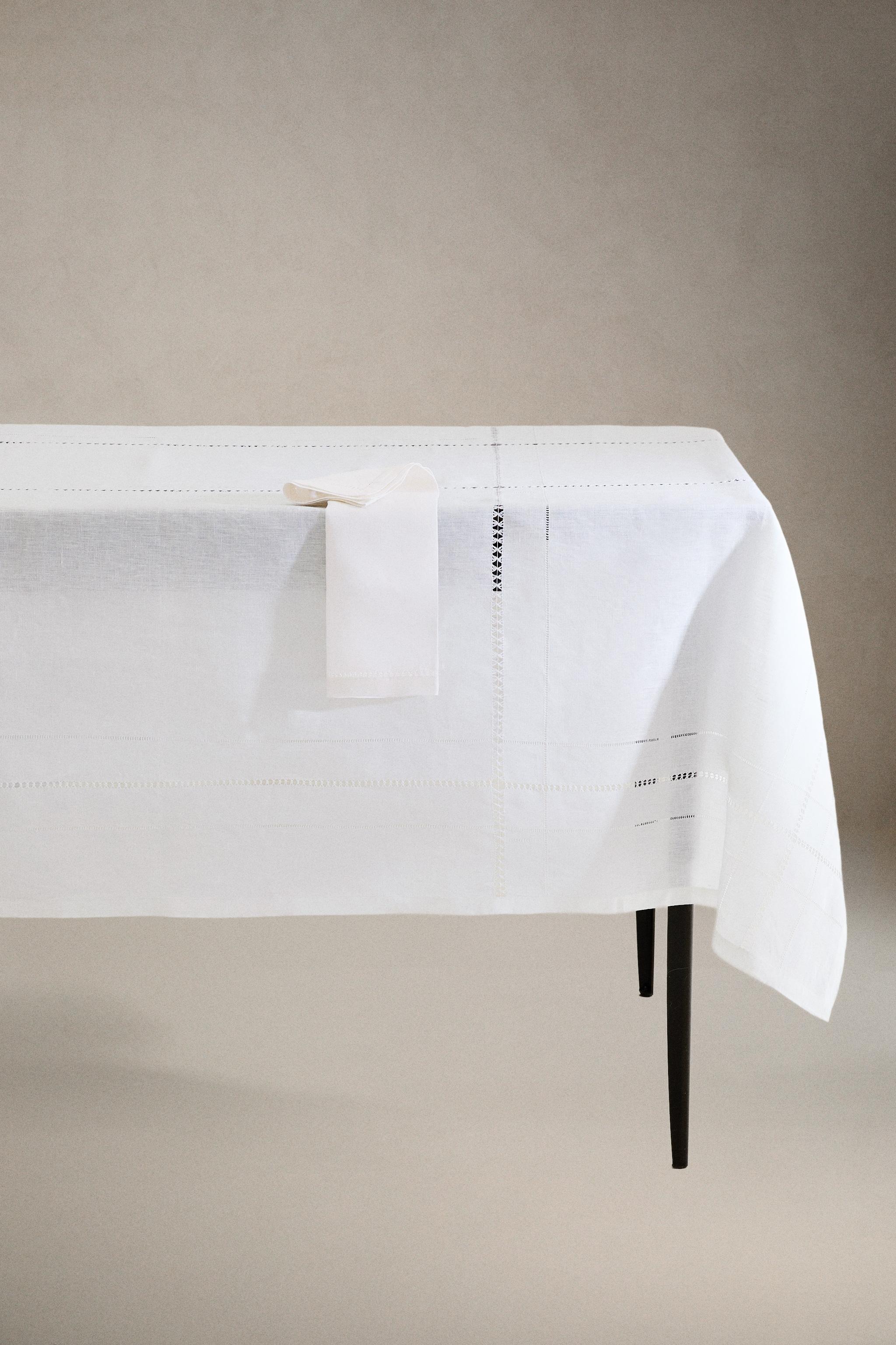 EMBROIDERED LINEN HEMSTITCHED TABLECLOTH